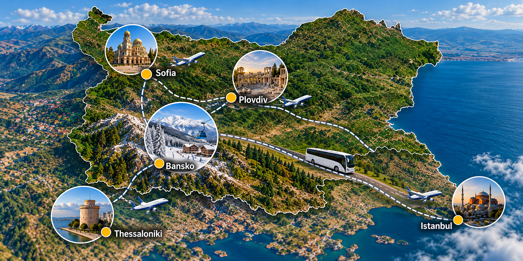 Bulgaria Travel Route Map Travel route map showing driving and transfer connections to Bansko from Sofia, Thessaloniki, Plovdiv, and Istanbul